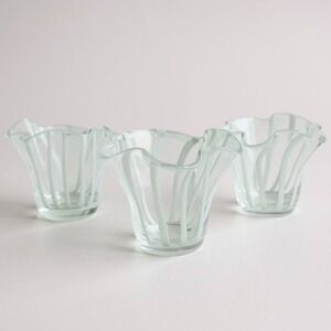 Set of 3 Art Glass Folded Handkerchief Ruffled Vases Clear White Smooth Base